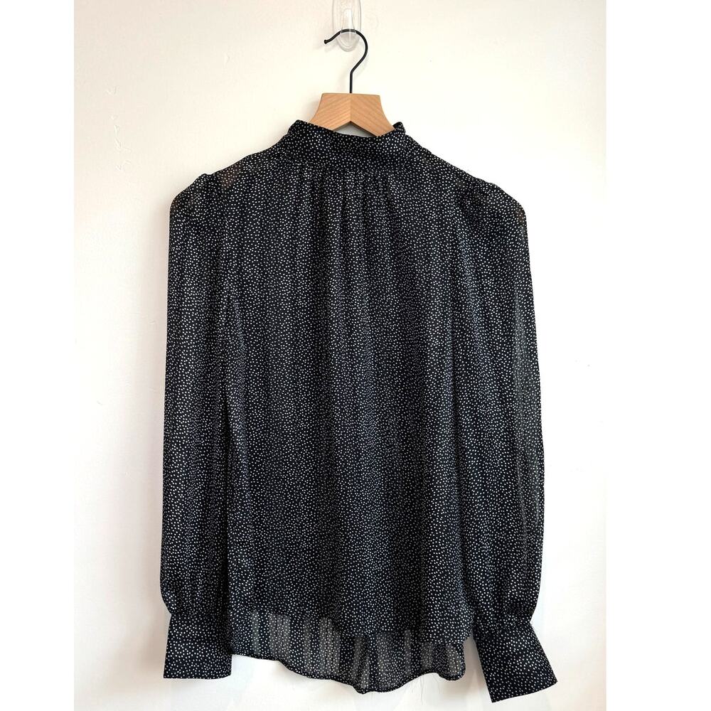 H&M Black Micro Polka Dot Blouse XS Gold Button Sheer Long Sleeve